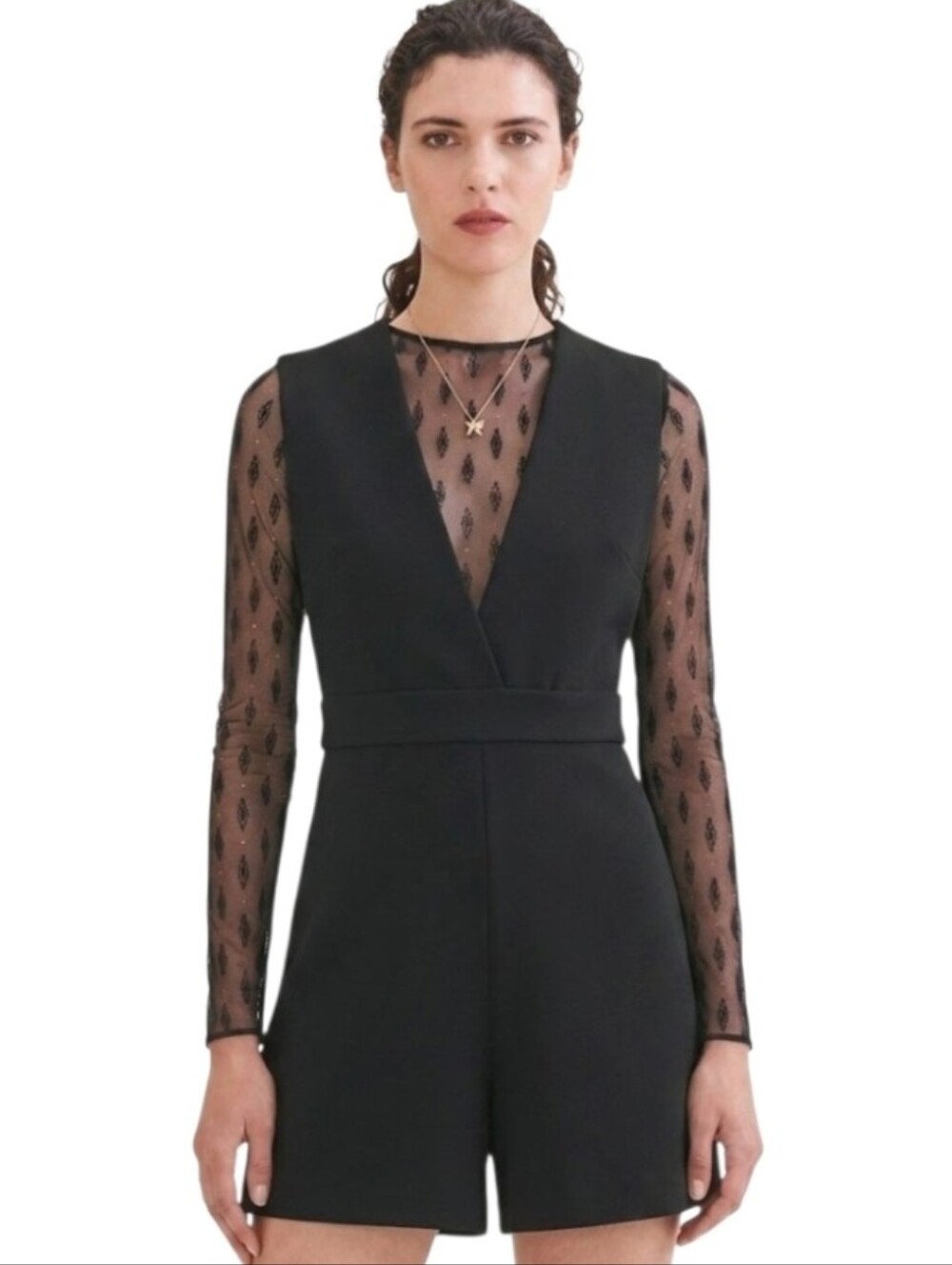 Maje Istoria Black Bermuda Lace Romper